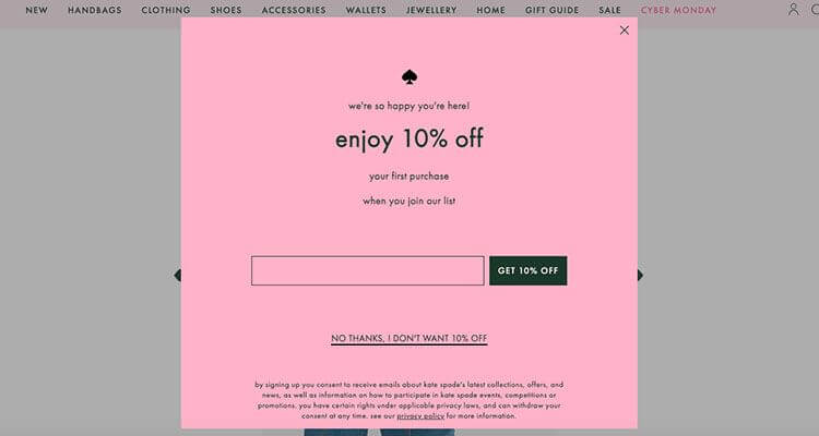 E-commerce holiday planning - an example subscription pop-up