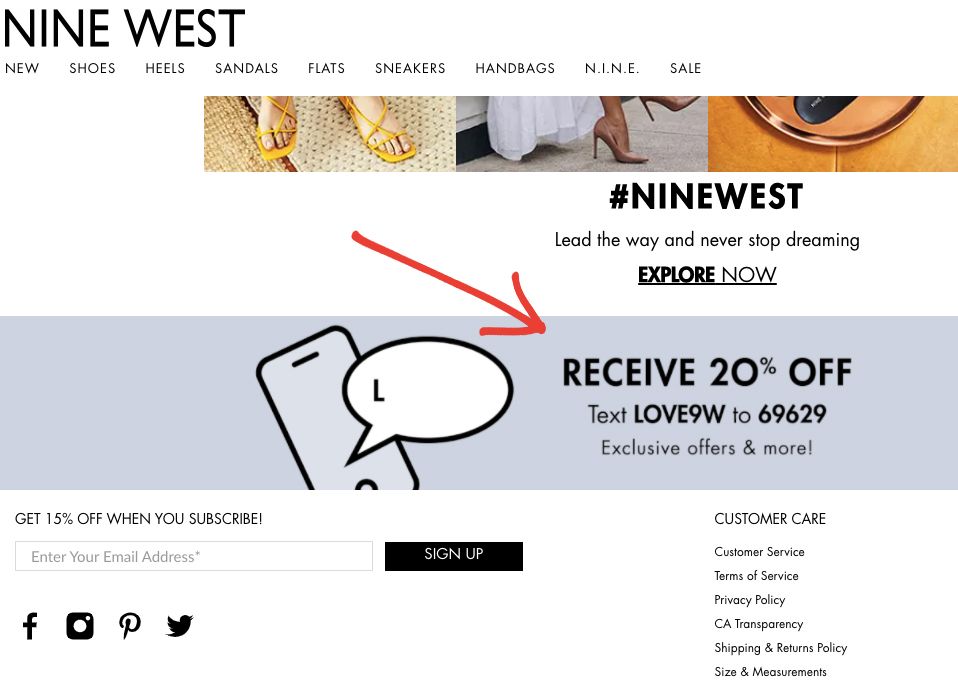 SMS opt-in form on Nine West website